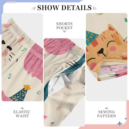 Birthday Cat Print Boys Long Pants Soft Trousers Elastic Waist Kids Lounge Bottoms with Pockets S-XL4