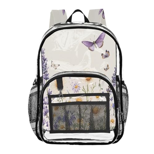 Wildflowers and Butterflies Clear Backpack - Stadium Approved Large 15.7-inch Waterproof Transparent Bag for Sports, Concerts, Work, Travel#294