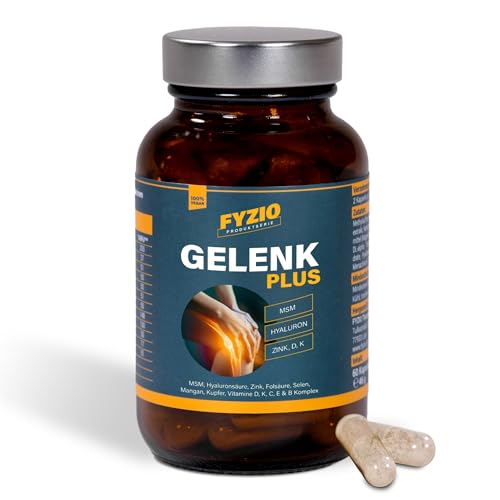 FYZIO GELENK PLUS – Gelenkkapseln mit Hyaluronsäure, MSM, Vitaminen & Mineralstoffen | Mit Zink, D3, K2 & Hagebuttenextrakt | Für Knochen, Knorpel & Beweglichkeit | 60 Kapseln