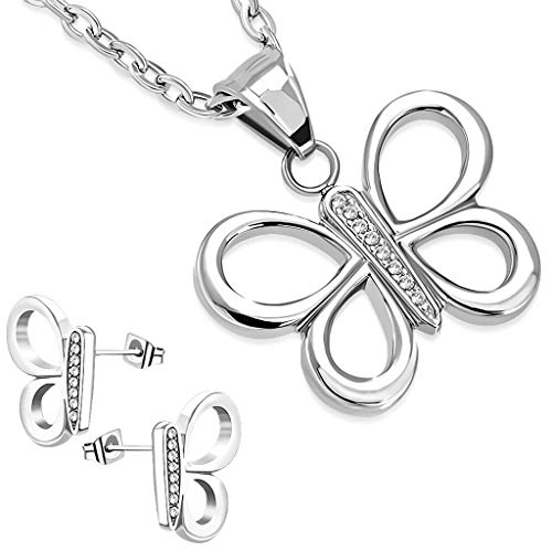 Preisvergleich Produktbild Autiga® Damen Schmuck-Set Halskette mit Anhänger Schmetterling Butterfly Ohrringe Ohrstecker Zirkonia Kristall Geschenk Silber