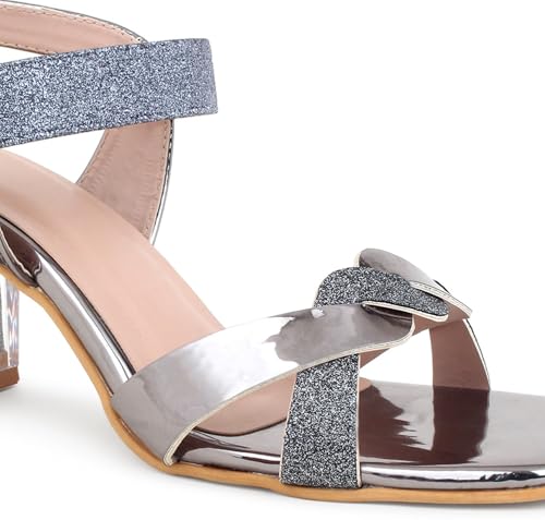 Image of Action Women's Rose Gold Glitter Sandals| Clear Block Heel| Cross-Strap Design with Ankle Strap Bronze