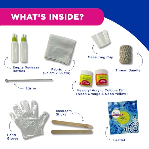 Image of Fevicryl Tie & Dye Neon Kit | Complete DIY Fabric Colour Kit with 2 x 15 ml Neon Fevicryl Acrylic Colors, 21 x 21 Inches Fabric, Squeezer & More | Ideal for Gifting, Beginners & Art Enthusiasts
