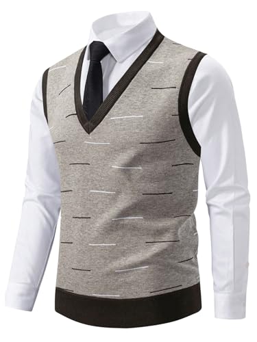OYOANGLE Men's V Neck Sweater Vest Printed Work Dressy Sleeveless Knitted Pullover Sweaters