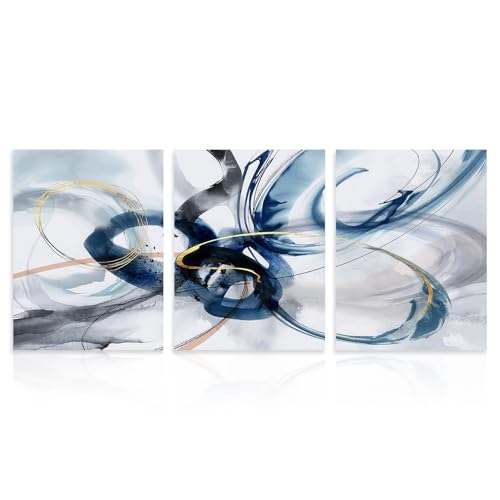 Dazzlewall 3 Pièces Set Décoration Murale Abstrait Moderne, Affiche Encre Fluide Bleu & Or Pour Bureau Salon Chambre 30x40 Cm Sans Cadre