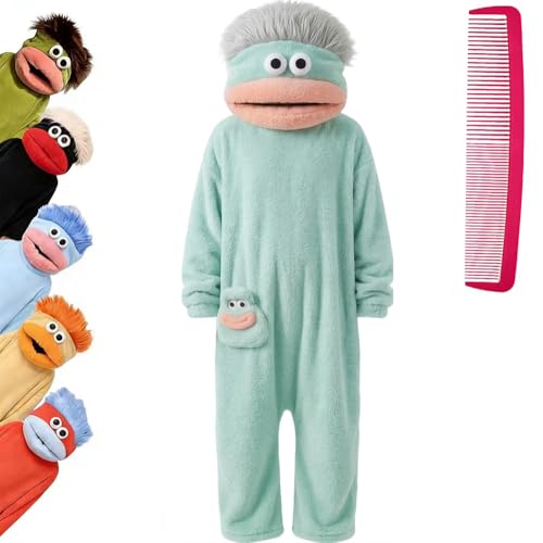 Brrioe Funny Big Mouth Monster Onesie Pajamas with Large Comb Oversized Plush Fleece Hooded One Piece for Sleep & Party (US Alpha Large Regular Regular Aqua green)
