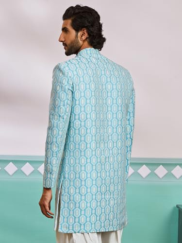 Image of VASTRAMAY Men's Blue Silk Blend Regular Fit Sherwani Only Top VASMIW252BU 44