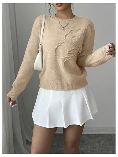 Image of RoseSeek Women's 3D Floral Appliques Crewneck Sweaters Long Sleeve Drop Shoulder Pullovers Elegant Knit Tops