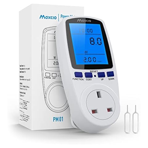 Maxcio Power Meter Energy Monitor with Backlight LCD Display UK Plug, 13A Electricity Usage Monitor Power Consumption Analyzer KWH Meter Energy Socket, Energy Saving Amp Watt Meter, Updated Version Cover