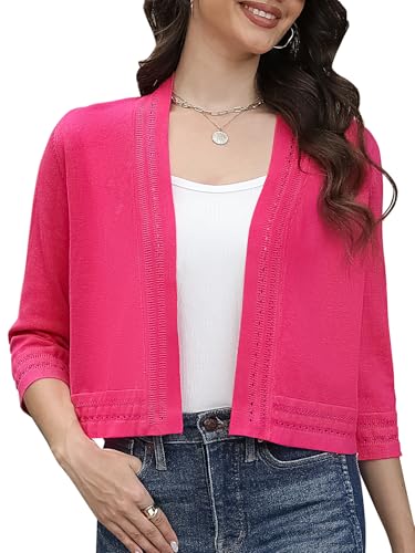 Image of Womens Lightweight 3 /4 Sleeve Bolero Shrug Cardigan Summer Open Front Cropped Knit Cut Out Shrugs for Dresses