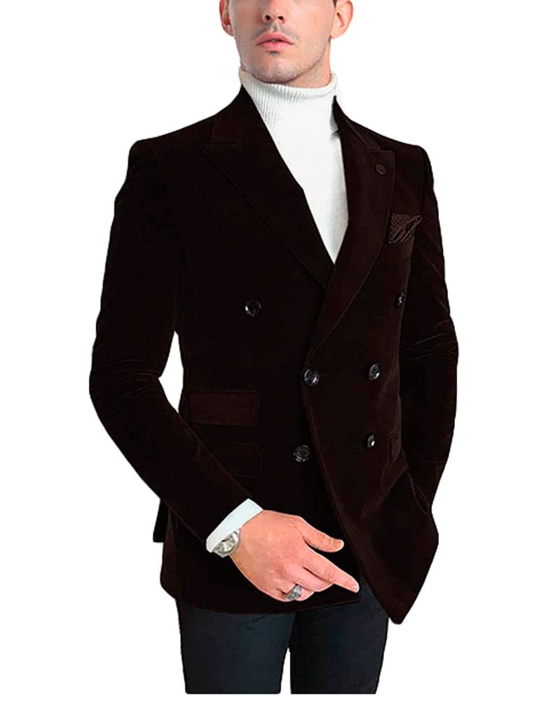 Men's Double Breasted Velvet Blazer Notch Lapel Tuxedos Jacket Wedding Party Coat Casual Wear Coffee 40 Chest / 34 Waist