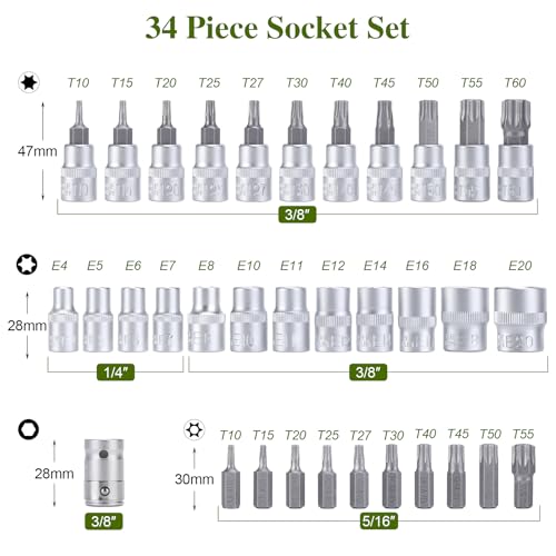 Faankiton 34PCS Torx Bit Socket Set, E Star Socket Set, Including 12PCS E4-E20 Nuts, 11PCS T10-T60 - Image 2
