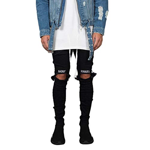 FUOE Men's Casual Slim Fit Denim Jeans Ripped Skinny Distressed Destroyed Side Striped Zipper Holes Pants Jeans