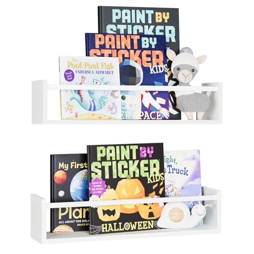 Image of Fixwal Nursery Book Shelves, 2pcs 16.5 Inch Floating Bookshelves for Nursery Decor, Solid Wood Wall Mounted Shelves for Books, Toys and Decor Storage (White)
