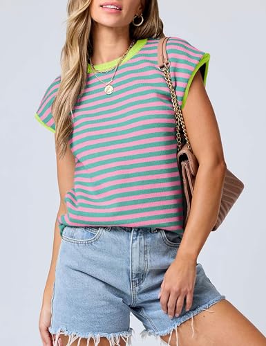 Image of Bozanly Womens Crewneck Striped Knit T Shirts Casual Spring Summer Cap Sleeve Sweater Tank Top 2025(0952-PinkStripe-S)