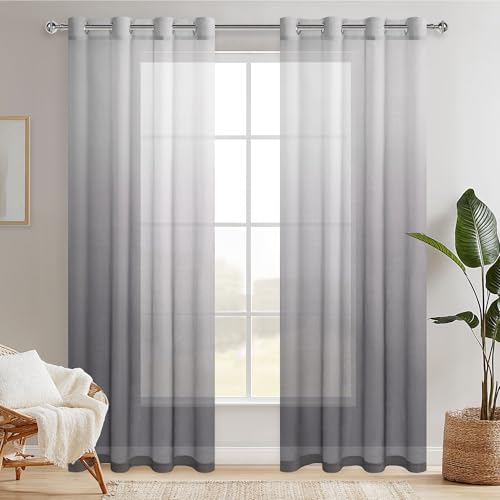 Hiasan Lot de 2 Voilages Rideaux Dégradé à Oeillet de Fenêtre en Polyester de Couleur Changée Voile Ombre Demi-Transparent Décor pour Salon Chambre...