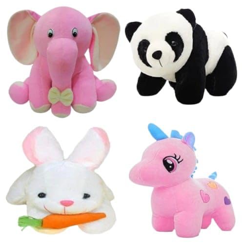 Image of Pack of 4 Elegant Soft Animals Stuffed Plush Fur Soft Toys Combo Set for Kids /Childrens /Boys /Girls Playing Birthday Gift Elephant,Panda,Rabbit,Unicorn