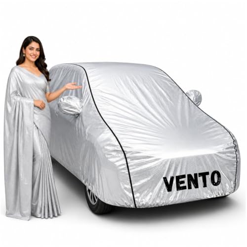 Image of Waterproof Car Body Cover for Vento All Weather Protection Comes with Inner Cotton Lining & Triple Stitched with Mirror & Antenna Pocket Belt & Elastic Fit Metallic Silver with Black Piping1