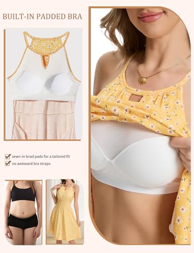 Image of JOYSHAPER Built in Bra Summer Dress Casual Beach Sundress Flowy Halter Dress with Pockets