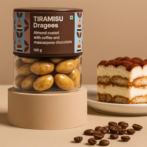 Image of Entisi Nutties Chocolates - Tiramisu Dragees Jar - Coffee & Chocolate Coated Almonds - Dessert Inspired Treat - Gift Jar, Ideal for Gifting, Celebrations & Everyday Treats 120g