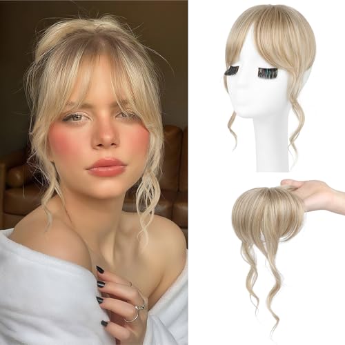 Flufymooz Clip in Bangs 12 Inch French Bang Fringe with Temples Hairpieces for Women Daily Wear-Medium Blonde with Light Blonde Highlight