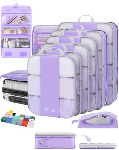 10 Set Compression Packing Cubes for Travel Essentials,Compressible Expandable Packing Cubes for Suitcase,OlarHike Luggage Organizer Bags for Travel,Handy Helper for Organizing Clothes(Light Purple)