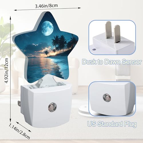 Image of Moon Beach Night Light,Tropical Palm Tree Plug-in Star Night Lights with Dusk-to-Dawn Sensor for Bedroom,Bathroom,Living Room Sleep Friendly Lamp for Women Girls Boys Gift,0.5W