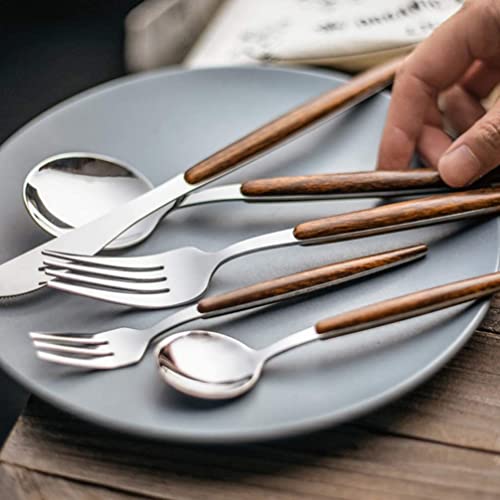 Image of Gold Flatware Matte Wooden Handle Stainless Steel Tableware Sets for 4 Including Forks Spoons Knives, Camping Silverware Travel Utensils Set Cutlery(Silver, Set of 20)