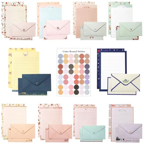 91 Pcs Stationery Paper Envelopes Set Includes 60 Lined Writing Stationery Paper & 30 Envelopes with 48 Round Dot Stickers, Cute Floral Letter Writing and Stationery Paper Envelopes (10 Style)
