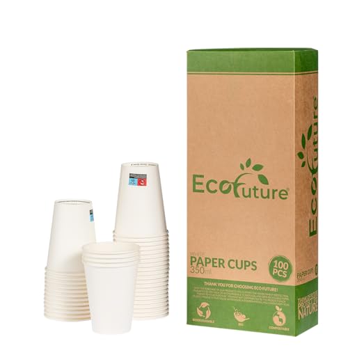 Eco Future 100Pcs Gobelets en Papier 350ml Biodégradables Compostables Cocktail Café Cappuccino Beer Pong Gobelets Jetables Écologiques Verre Carton Jetable (Gobelets en Papier 350ml (12oz), 100)