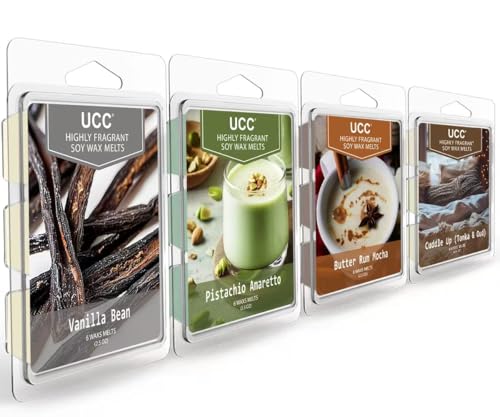 Image of UCC Wax Melts, Soy Wax Cubes Strong Scent Long Lasting Premium Scented Mix Melts Tarts-Pistachio Amaretto, Butter Rum Mocha, Cuddle up (Tonka & Oud), Vanilla Bean - 4 Pack