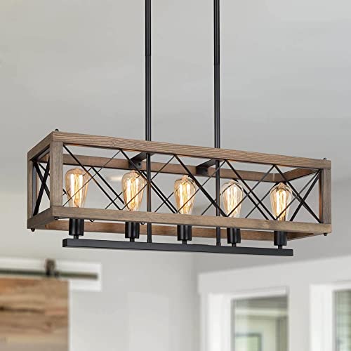 LALUZ Farmhouse Chandelier, 5-Light Chandeliers for Dining Room, 32' Rustic Wood Kitchen Island Lighting