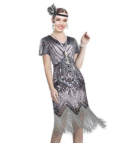 Image of Women 1920s Gatsby Vintage Sequin Flapper Fringe Party Plus Dress with 20s Accessories Set
