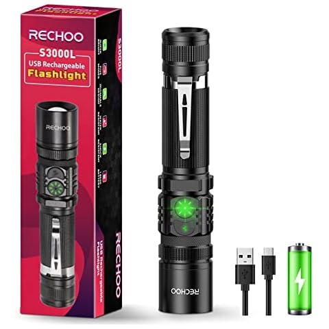 Flashlight USB Rechargeable , RECHOO Double Switch S3000L LED Tactical Flashlight High Lumens Super Bright 5 Modes Zoomable Waterproof Flashlight for Camping, Emergency (Battery Included) Cover