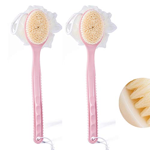 2Packs Shower Body Brush with Bristles and Loofah, Back Scrubber Bath Mesh Sponge with Curved Long Handle for Skin Exfoliating Brush, Massage Bristles Suitable for Wet or Dry, Men and Women (Pink)