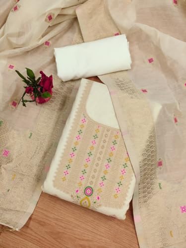 Image of Chanderi Suit Vol 5 | Pure Chanderi Banarasi Silk (3m) | Soft Cotton Bottom (2.5m) | Woven Chanderi Banarasi Silk Dupatta (2.3m) with Tassels, Unstitched Material, Fits up to 60 inch, Length 48