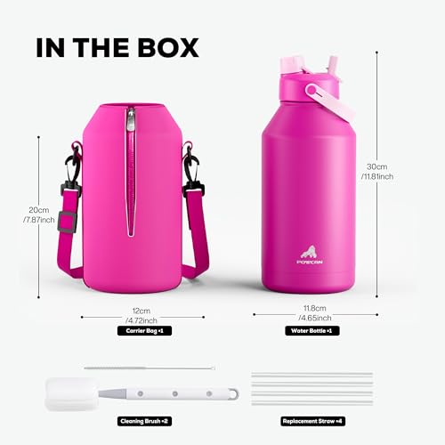 Image of POWCAN 64 oz Insulated Metal Water Bottle for Women: 2-in-1 Straw & Spout Lid, Keep Cold 48H, Leakproof, Carrier Bag, Half Gallon Stainless Steel Water Bottle for Sports, Travel, and Fitness (Peony)