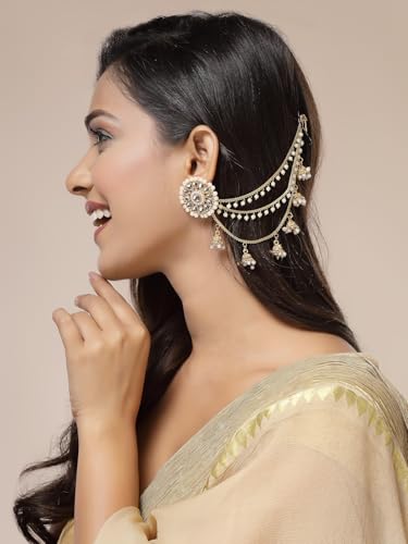 Image of Sukkhi Classical Traditional 18k Gold Plated with Brass Metal & Pearls Studded Jhumka /Jhumki Multi Layer Ear Kan Chain Earring Jewellery for Women & Girls|Bahubali Inspired Long Chain