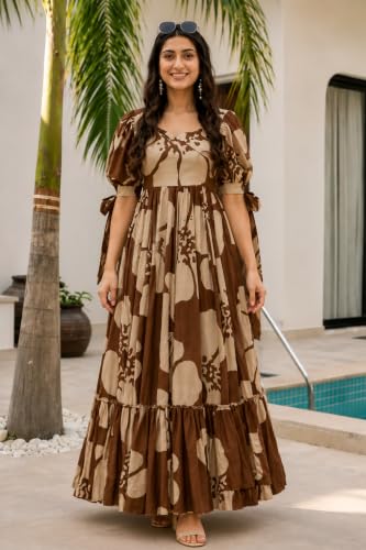 Image of Modestouze Attires Women's Floral Pattern Rayon Blend Maxi Dress with Sweetheart Neck Half Puff Sleeve Floor Length and Zipper Closure Type | Maxi Dress for Women Stylish | Dress for Women