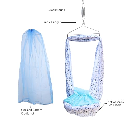Image of beetot Baby Cradle Set Swing /Jhula (Thottil Cloth, Palna, Dolna) | Hanging Cradle with Removable Bed, Mosquito Net, Spring, Triangle Hanger | Up to 15 kg | 0-2 Years | PRE-Floral Print Blue