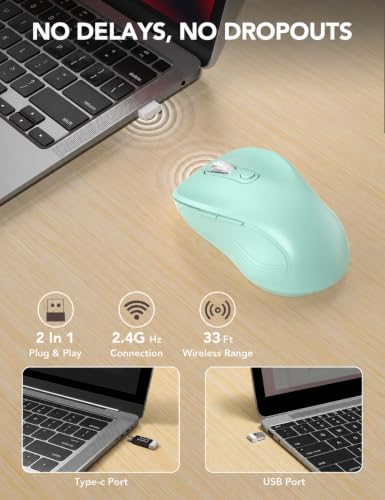 Image of Trueque Wireless Mouse for Laptop, Ergonomic 6-Button Mouse, Mint Green | 2.4GHz USB receiver, back /forward buttons, 3 adjustable DPI levels, silent clicks, USB-C adapter, Windows /Mac /Chrome OS /Linux