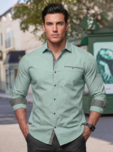 Image of Men's Cotton Blend Shirt with Solid Long Sleeves Spread Coller Neck Regular Fit Single Chest Pocket and Standard Length | Cotton Casual Shirt for Man