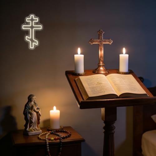 Image of Eastern Orthodox Cross Neon Sign, Christian Faith Neon Light LED Jesus Decor Sign, for Religious Wall Art Prayer Room Bedroom Living Room Sainthood Celebration Decor Birthday Gifts(14.1 * 8.6 In)