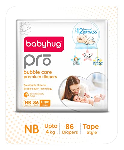 babyhug Pro Bubble Care Premium Tape Style Diaper New Born (Nb) Size - 86 Pieces,Unisex,1 Count