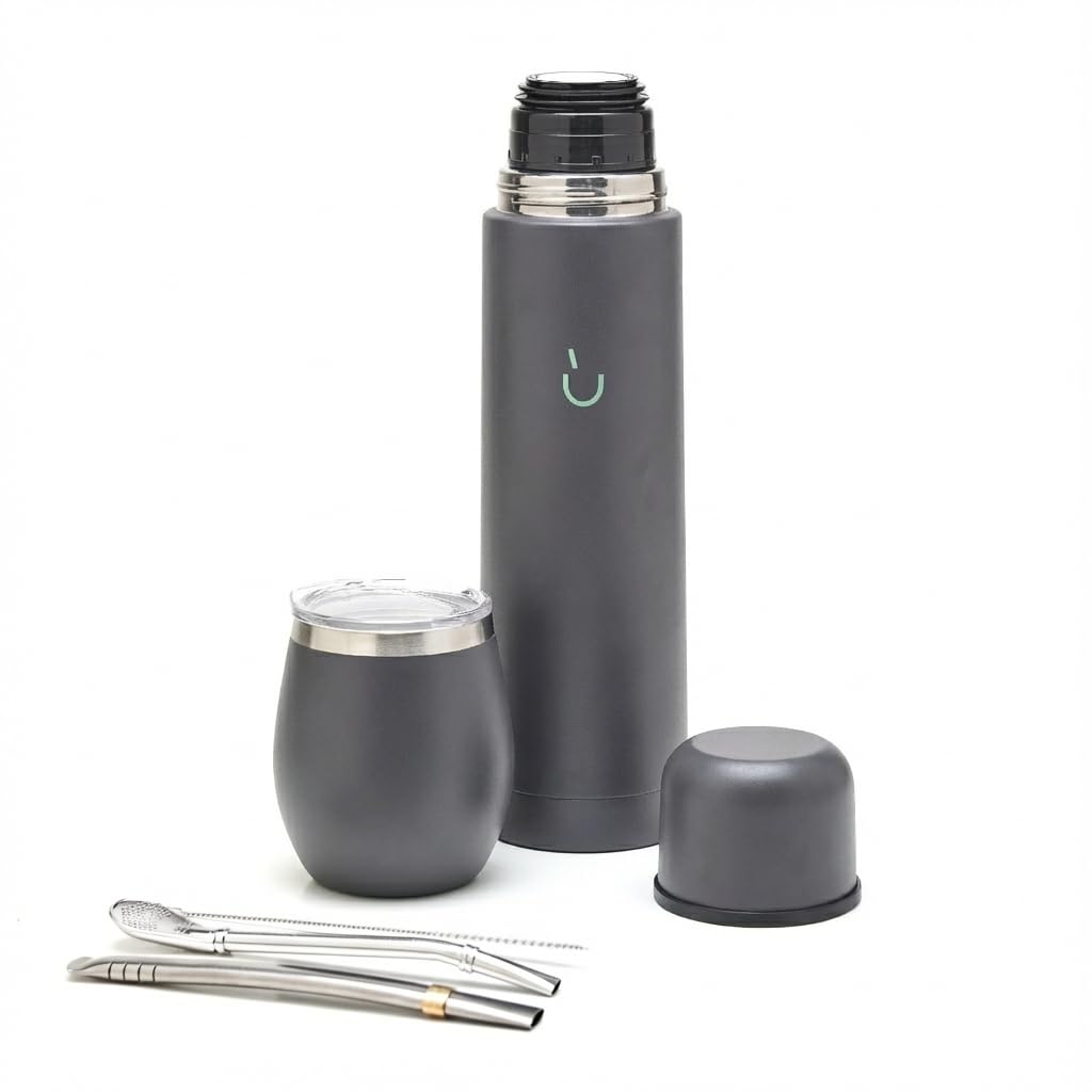 BALIBETOV Complete Yerba Mate Set - Modern Mate Gourd, Thermal Flask, Bombilla and Cleaning Brush Included - All Premium Quality 304 18/8 Stainless