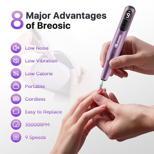 Breosic Fresa Per Unghie Professionale 35000 Giri Lima Elettrica Per Unghie Con Schermo Led 12 In 1 Frese Per Unghie Portatile Trapano Per Unghie Senza Fili Velocità Regolabile (Viola) Nail Drill - 3