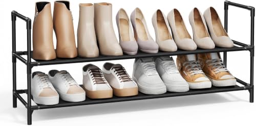 Image of SONGMICS 2-Tier Shoe Rack, Shoe Storage for Hallway Closet, Slim and Space-Saving, Steel Frame, Non-Woven Fabric Shelves, Black ULSH052B01 (Pack of 6)