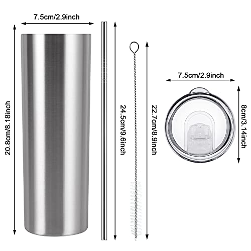20 Oz Skinny Travel Tumblers, 8 Pack Stainless Steel Skinny Tumblers With Lid Straw, Double Wall Insulated Tumblers, Slim Water Tumbler Cup, Vacuum Tumbler Travel Mug For Coffee Water Tea, Silver #TOP6