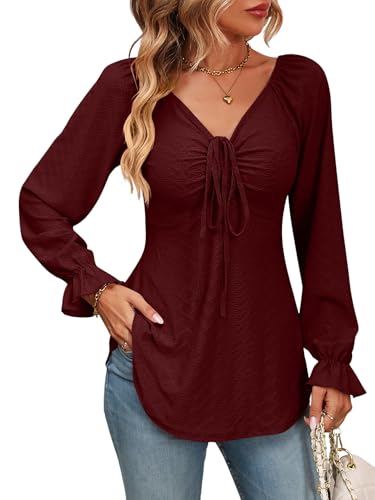 Atxnn Damen Blusen V Ausschnitt Oberteile mit Krawattenschleife Geraffte Langarmshirt Sexy Niedlich Tunika Tops Lässige Shirt Hemd Streetwear, WEINROT L