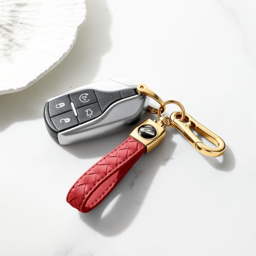 Image of Gkeygo Carabiner Keychain, Universal Heavy Duty Woven Handmade Leather Key Chain, Car Fob Key Keychains with 360 Degree Rotatable Snap Swivel and Anti-Lost D-Ring for Men and Women,Light Gold - Red