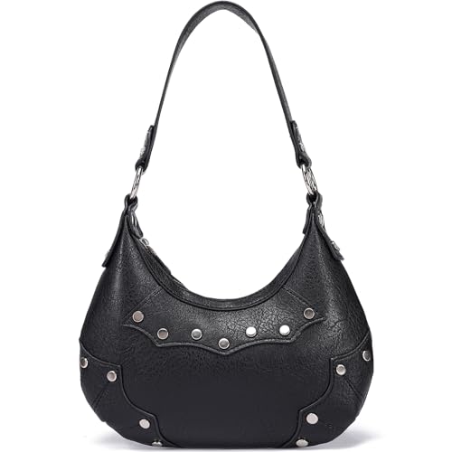 Women's Goth Y2k Mini Purse Crescent Small Hobo Shoulder Bag with Rivets